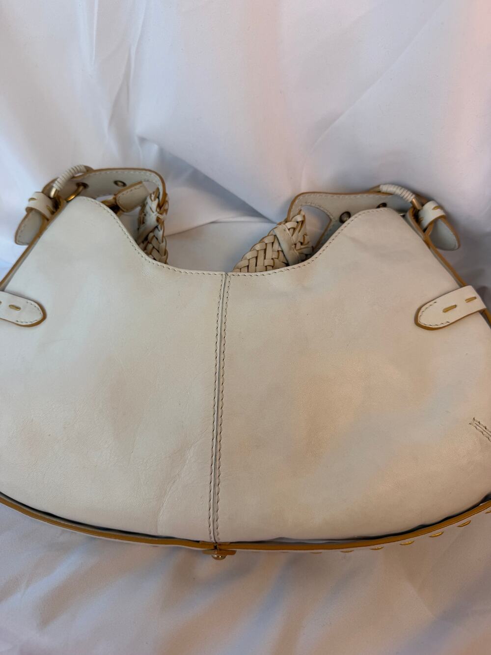 White Nappa Leather Hobo Shoulder Bag Braided Strap Gold Ring Via Srea